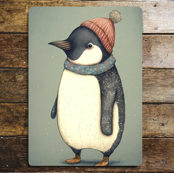 Peltikyltti Pingviini, jolla pipo ja kaulahuivi 15x20 cm