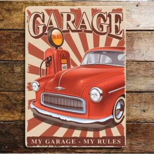 Peltikyltti vintage, My garage - my rules 20x25 cm