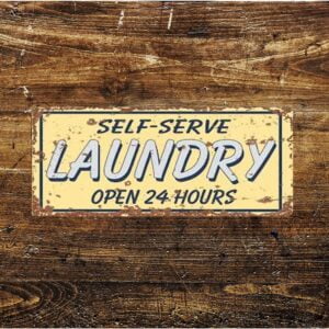Peltikyltti vintage, Self-serve laundry 15x7,5 cm